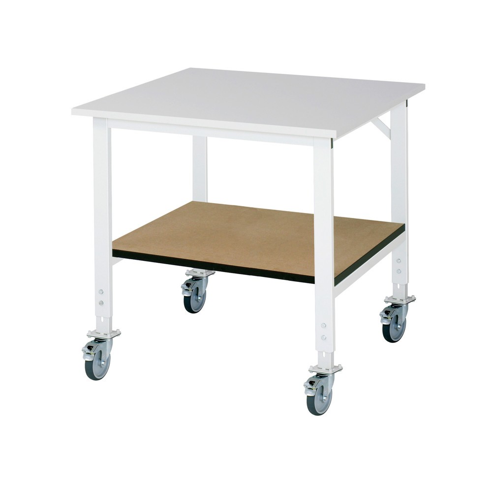 Productafbeelding nr. 1: In hoogte verstelbare, mobiele werktafel RAU serie TOM met legbord diepte 795 mm, hoogte 910-1.230 mm, bxd 1.000 x 1.000 mm, werkblad met melaminelaag