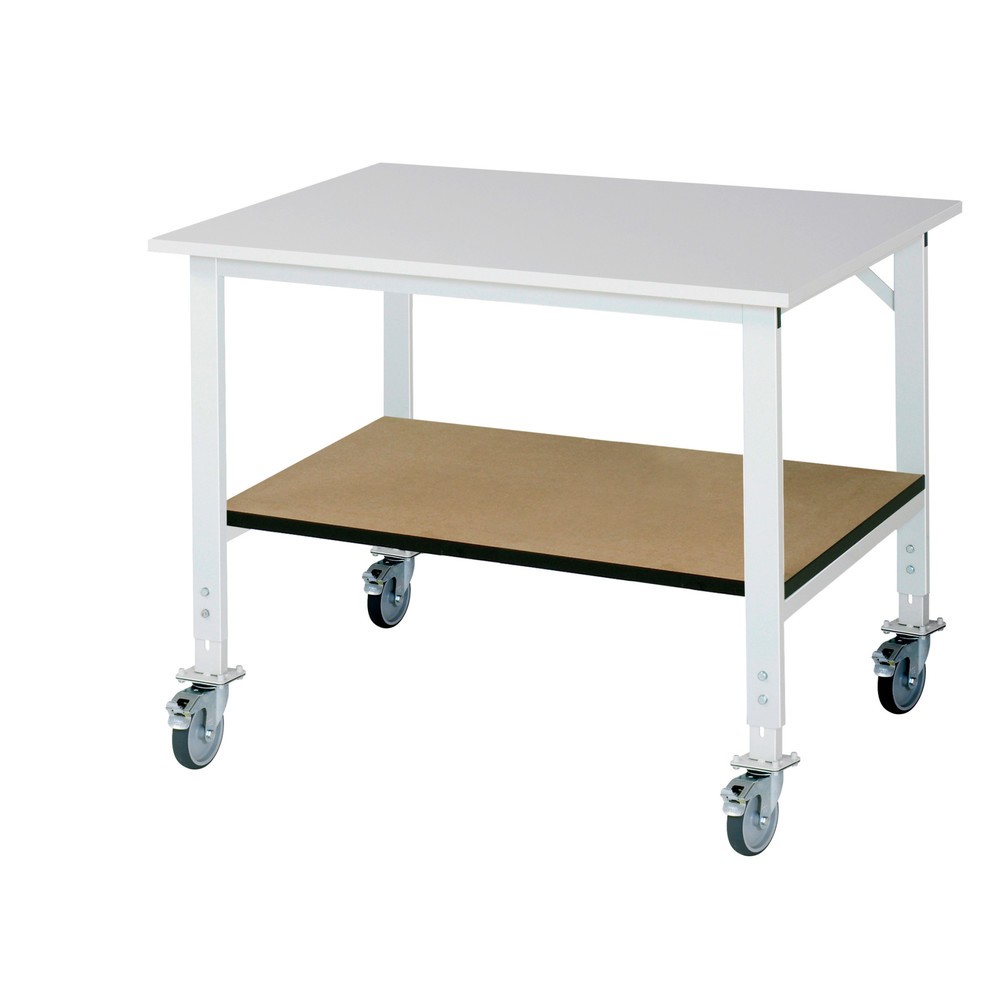 Product afbeelding: In hoogte verstelbare, mobiele werktafel RAU serie TOM met legbord diepte 795 mm, hoogte 910-1.230 mm, bxd 1.250 x 1.000 mm, werkblad met melaminelaag
