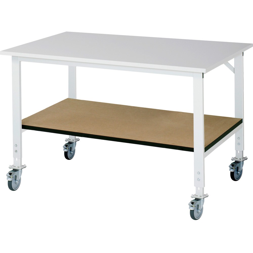 Productafbeelding nr. 1: In hoogte verstelbare, mobiele werktafel RAU serie TOM met legbord diepte 795 mm, hoogte 910-1.230 mm, bxd 1.500 x 1.000 mm, werkblad met melaminelaag