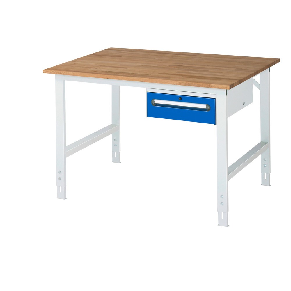 Product afbeelding: In hoogte verstelbare werktafel RAU serie TOM, hxbxd 760-1.080 x 1.250 x 1.000 mm, 1 lade, massief beuken werkblad