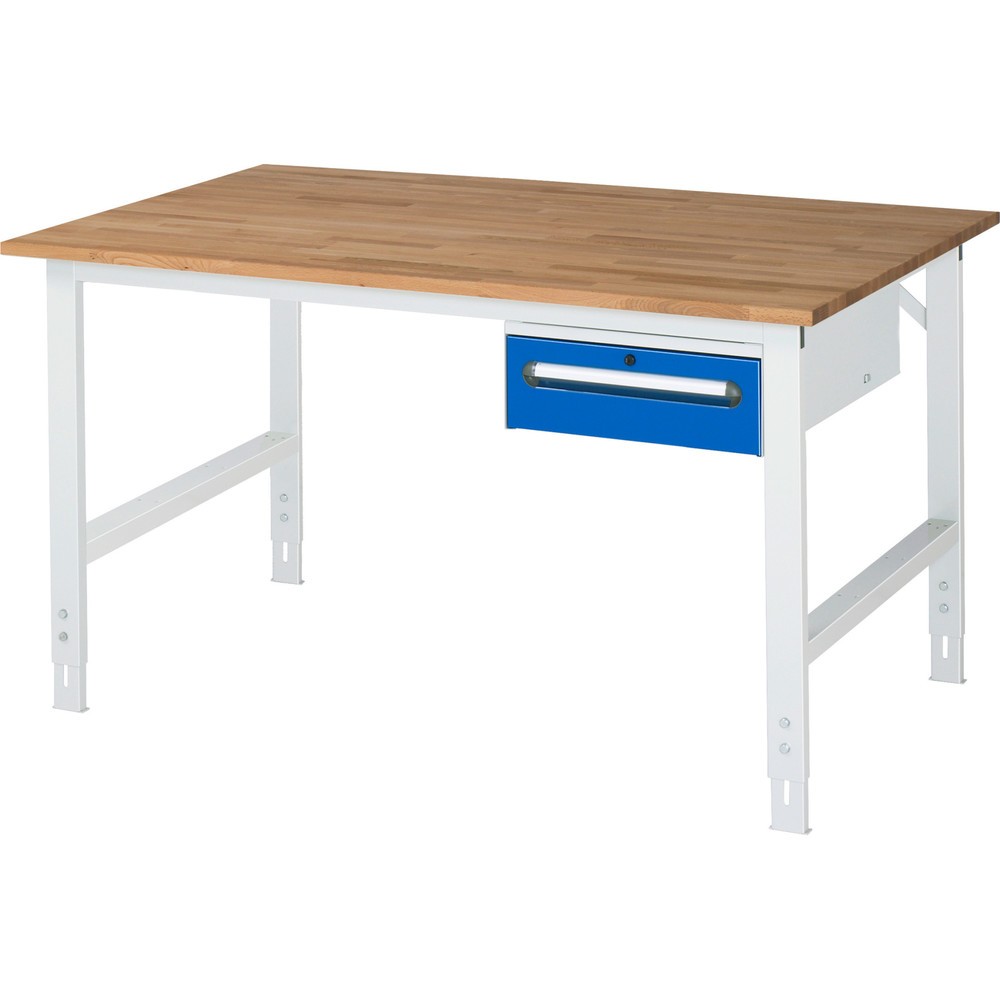 Product afbeelding: In hoogte verstelbare werktafel RAU serie TOM, hxbxd 760-1.080 x 1.500 x 1.000 mm, 1 lade, massief beuken werkblad