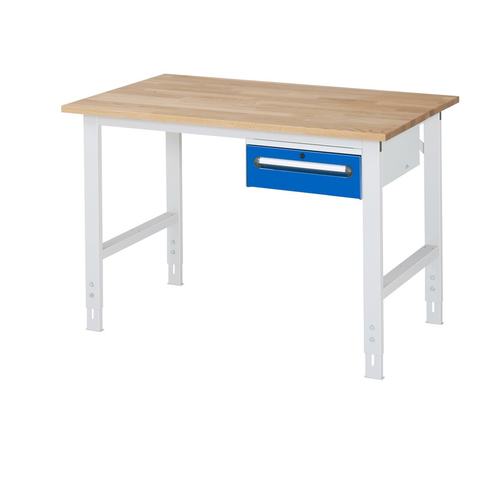 Product afbeelding: In hoogte verstelbare werktafel RAU serie TOM, hxbxd 760-1.080 x 1.250 x 800 mm, 1 lade, massief beuken werkblad