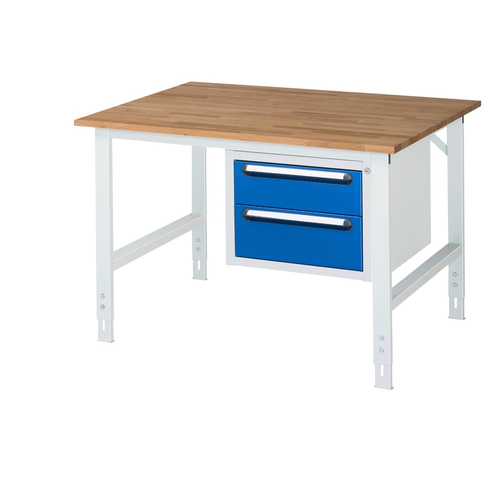 Product afbeelding: In hoogte verstelbare werktafel RAU serie TOM, hxbxd 760-1.080 x 1.250 x 1.000 mm, 2 lades, massief beuken werkblad