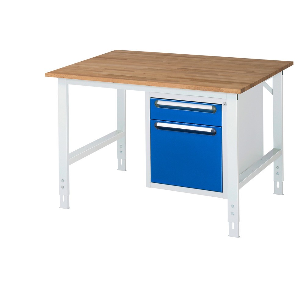 Product afbeelding: In hoogte verstelbare werktafel RAU serie TOM, hxbxd 760-1.080 x 1.250 x 1.000 mm, 2 lades, massief beuken werkblad