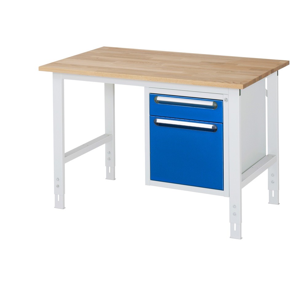 Product afbeelding: In hoogte verstelbare werktafel RAU serie TOM, hxbxd 760-1.080 x 1.250 x 800 mm, 2 lades, massief beuken werkblad