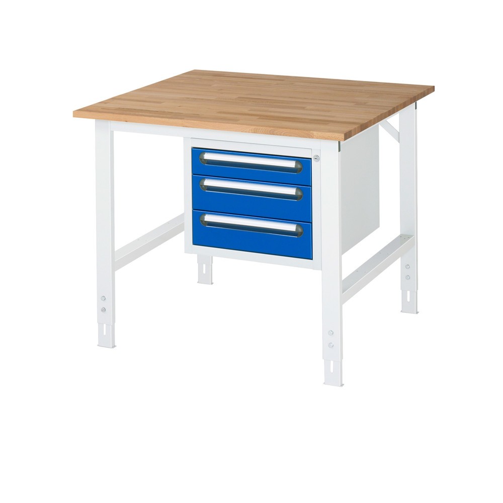 Product afbeelding: In hoogte verstelbare werktafel RAU serie TOM, hxbxd 760-1.080 x 1.000 x 1.000 mm, 3 lades, massief beuken werkblad