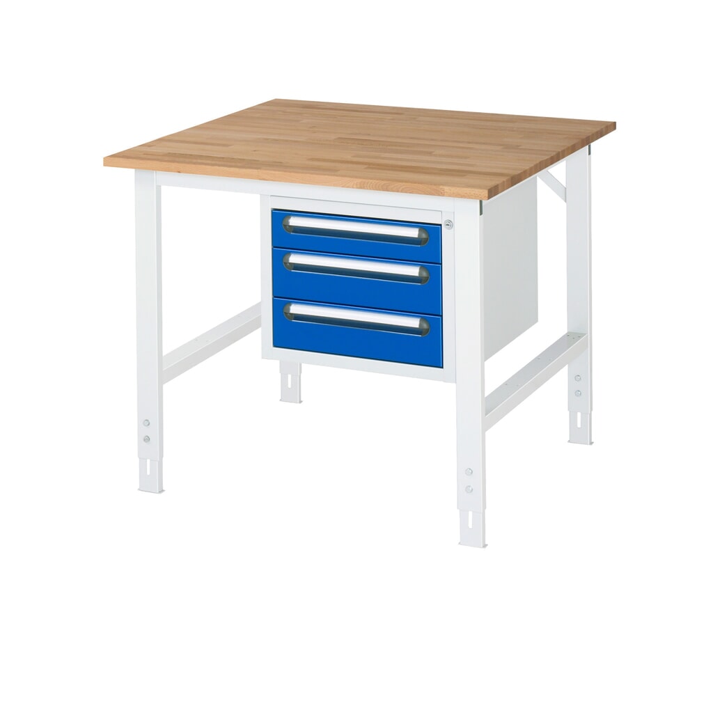 Product afbeelding: In hoogte verstelbare werktafel RAU serie TOM, hxbxd 760-1.080 x 1.000 x 1.000 mm, 3 lades, massief beuken werkblad