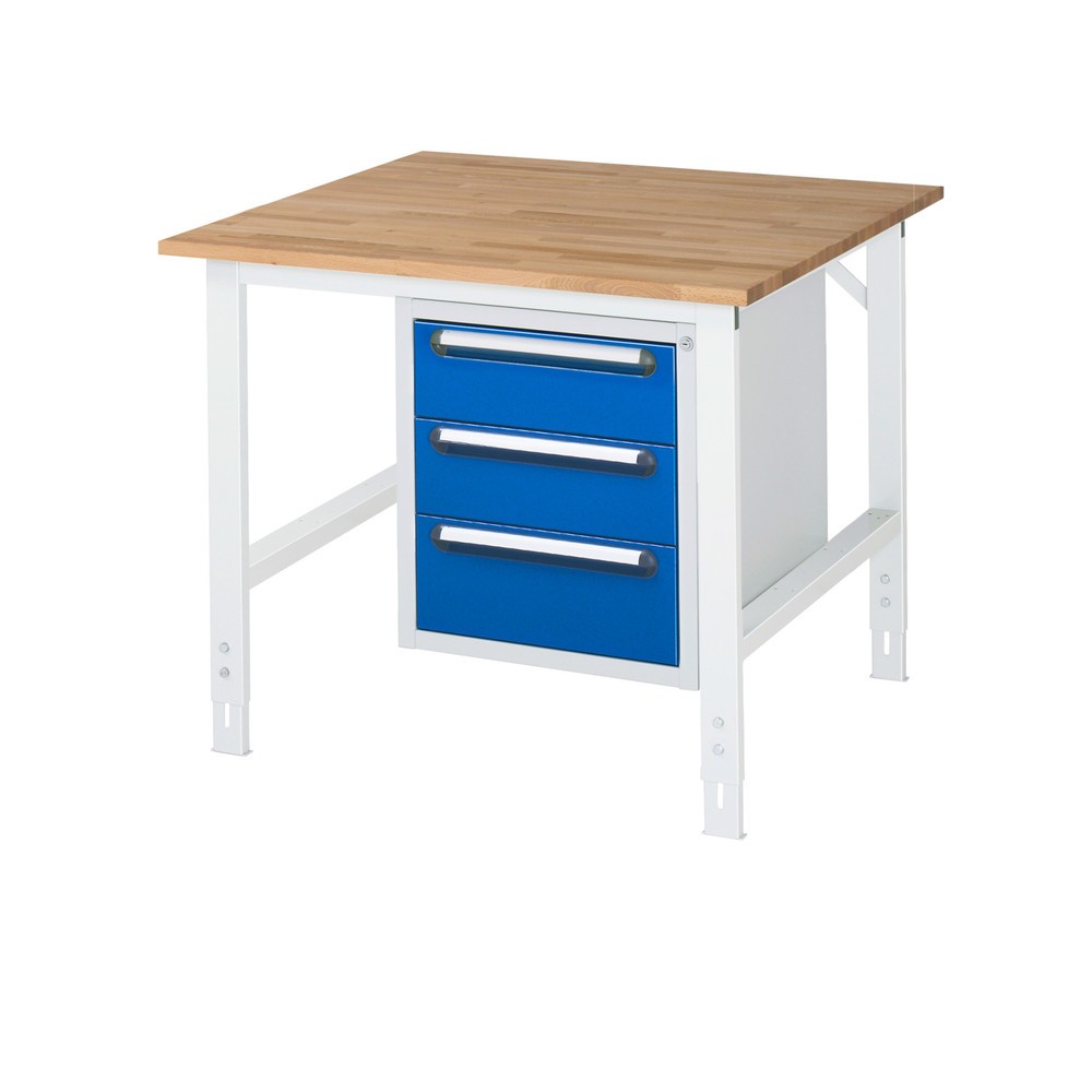 Product afbeelding: In hoogte verstelbare werktafel RAU serie TOM, hxbxd 760-1.080 x 1.000 x 1.000 mm, 3 lades, massief beuken werkblad