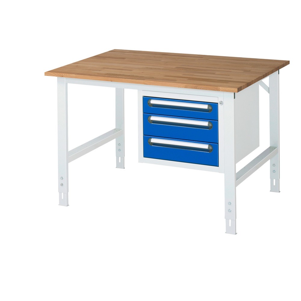 Product afbeelding: In hoogte verstelbare werktafel RAU serie TOM, hxbxd 760-1.080 x 1.250 x 1.000 mm, 3 lades, massief beuken werkblad