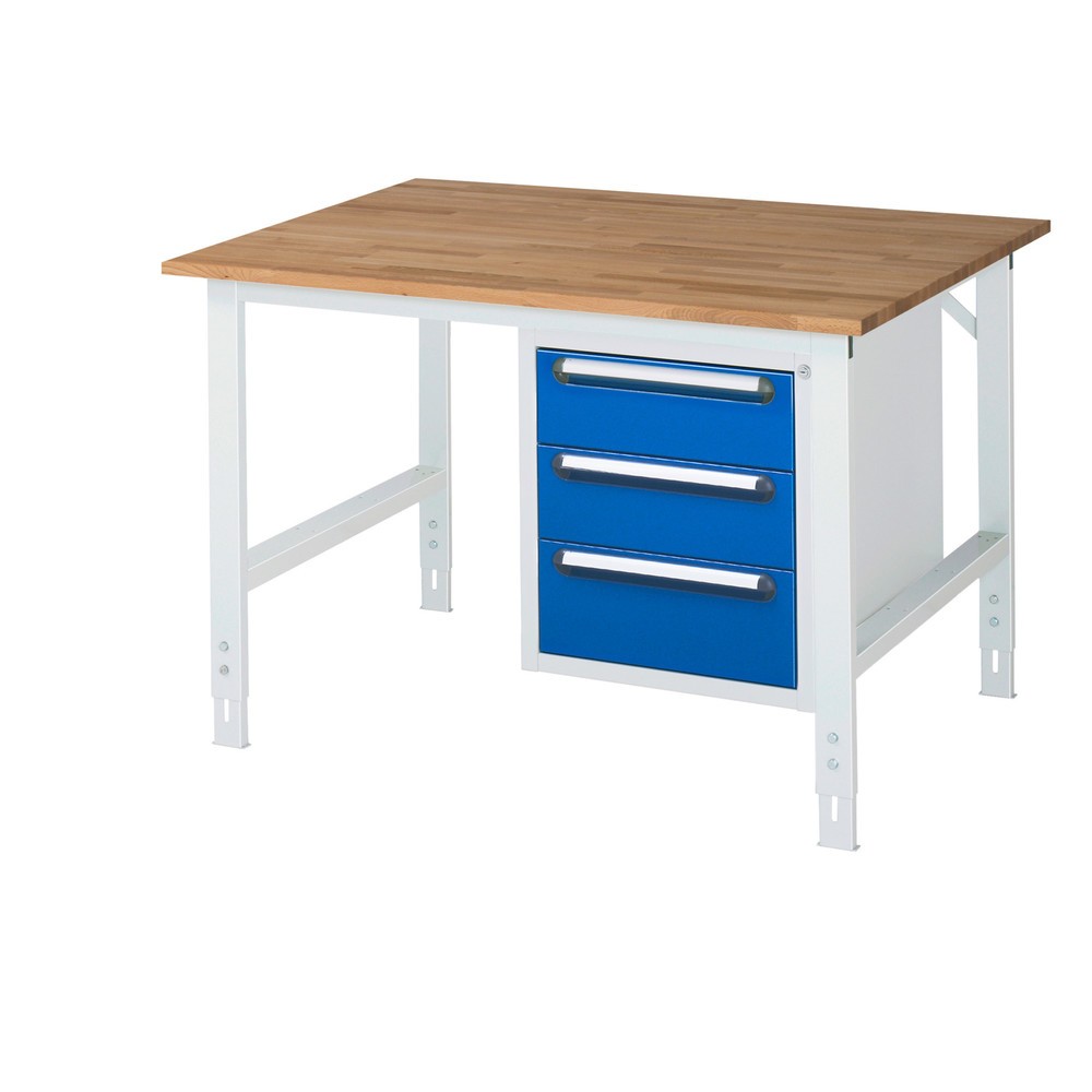 Product afbeelding: In hoogte verstelbare werktafel RAU serie TOM, hxbxd 760-1.080 x 1.250 x 1.000 mm, 3 lades, massief beuken werkblad