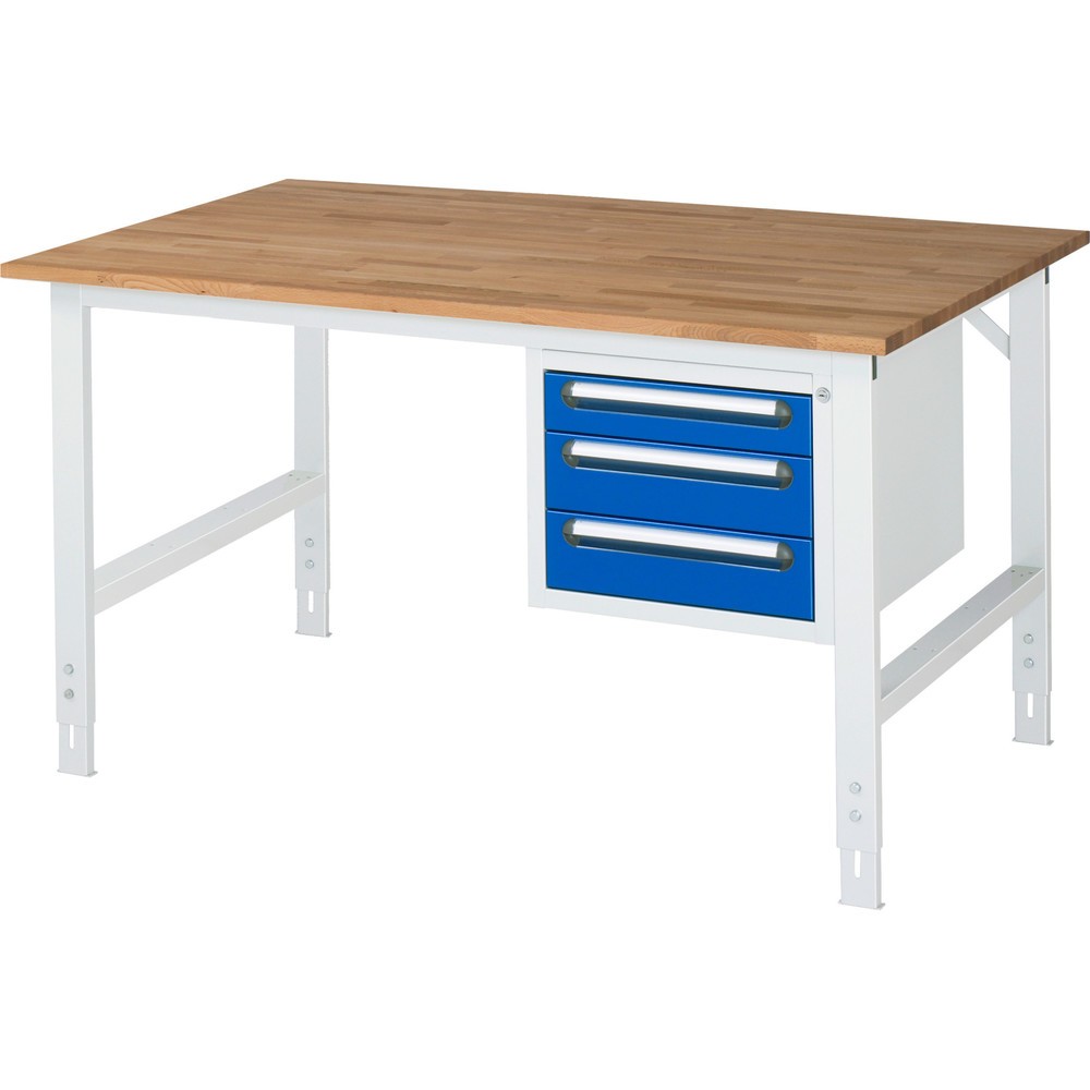 Product afbeelding: In hoogte verstelbare werktafel RAU serie TOM, hxbxd 760-1.080 x 1.500 x 1.000 mm, 3 lades, massief beuken werkblad