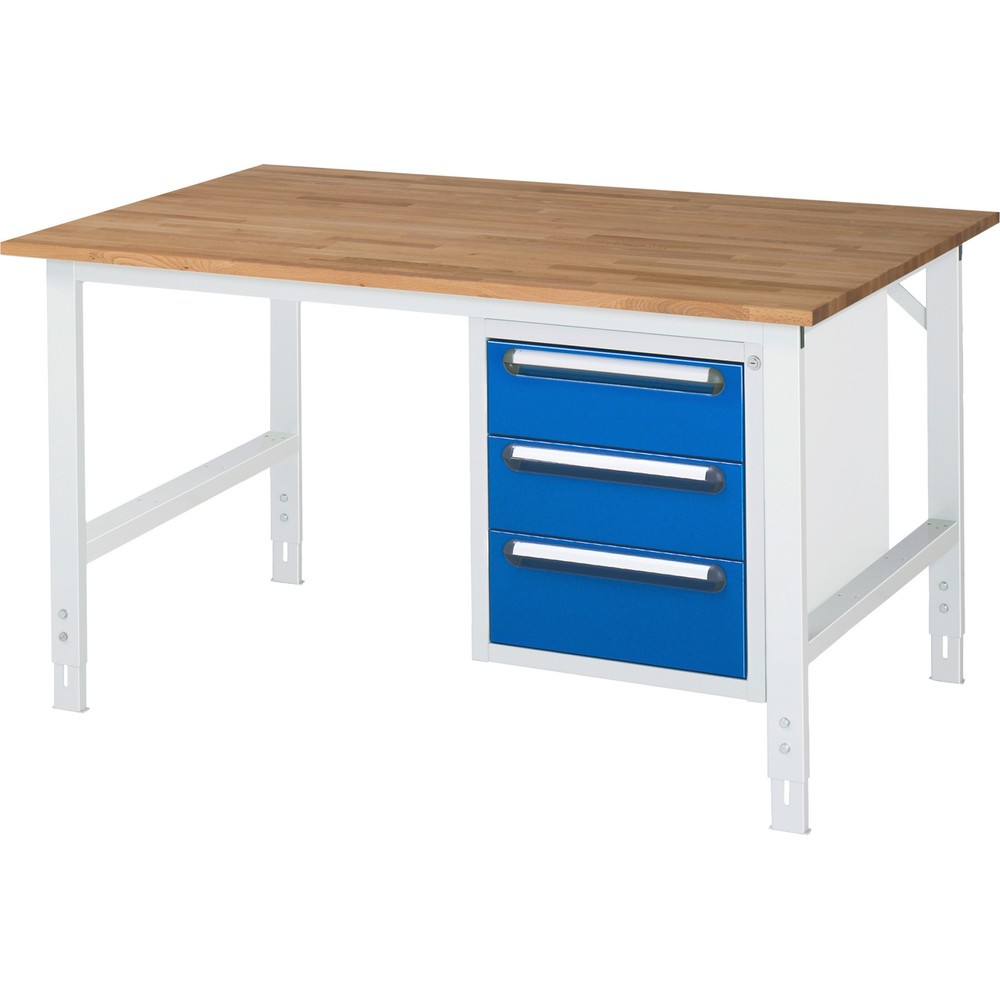 Product afbeelding: In hoogte verstelbare werktafel RAU serie TOM, hxbxd 760-1.080 x 1.500 x 1.000 mm, 3 lades, massief beuken werkblad