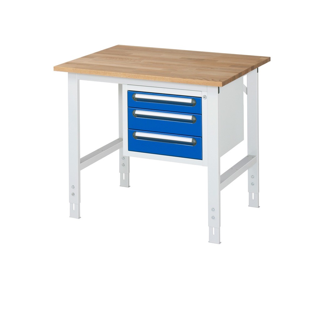 Product afbeelding: In hoogte verstelbare werktafel RAU serie TOM, hxbxd 760-1.080 x 1.000 x 800 mm, 3 lades, massief beuken werkblad