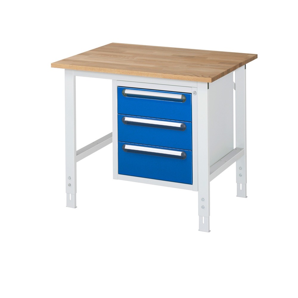 Product afbeelding: In hoogte verstelbare werktafel RAU serie TOM, hxbxd 760-1.080 x 1.000 x 800 mm, 3 lades, massief beuken werkblad