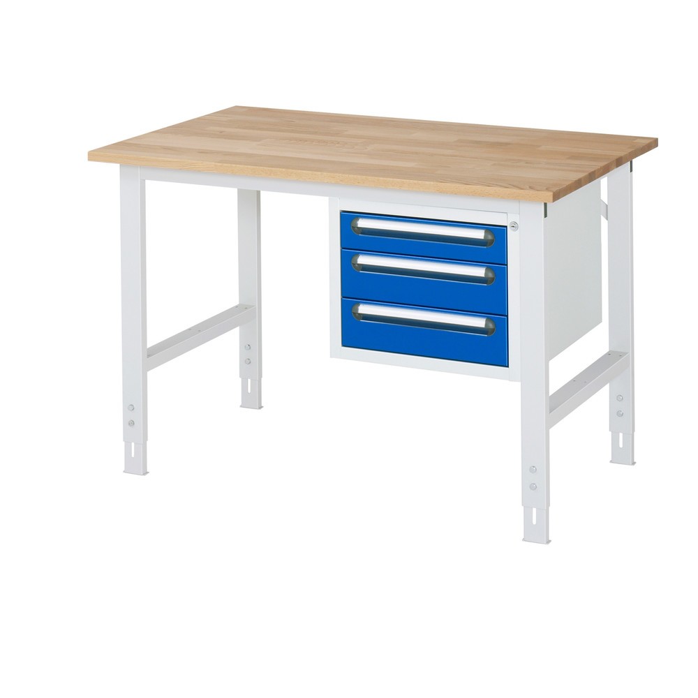 Product afbeelding: In hoogte verstelbare werktafel RAU serie TOM, hxbxd 760-1.080 x 1.250 x 800 mm, 3 lades, massief beuken werkblad