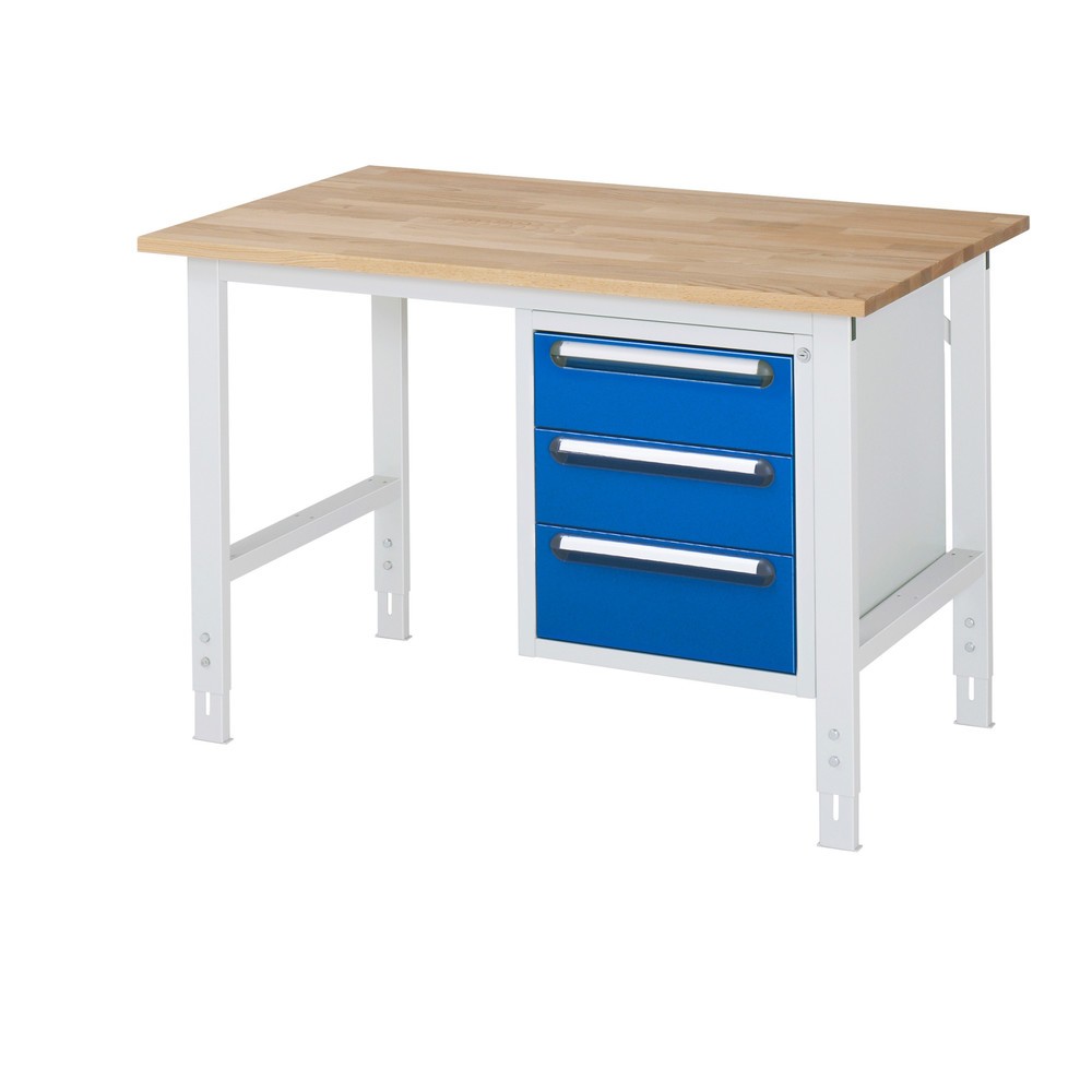 Product afbeelding: In hoogte verstelbare werktafel RAU serie TOM, hxbxd 760-1.080 x 1.250 x 800 mm, 3 lades, massief beuken werkblad