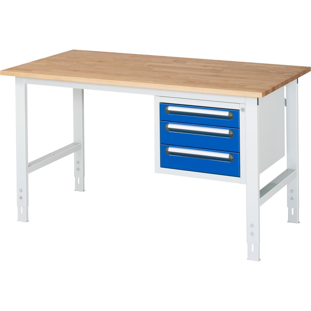 Product afbeelding: In hoogte verstelbare werktafel RAU serie TOM, hxbxd 760-1.080 x 1.500 x 800 mm, 3 lades, massief beuken werkblad