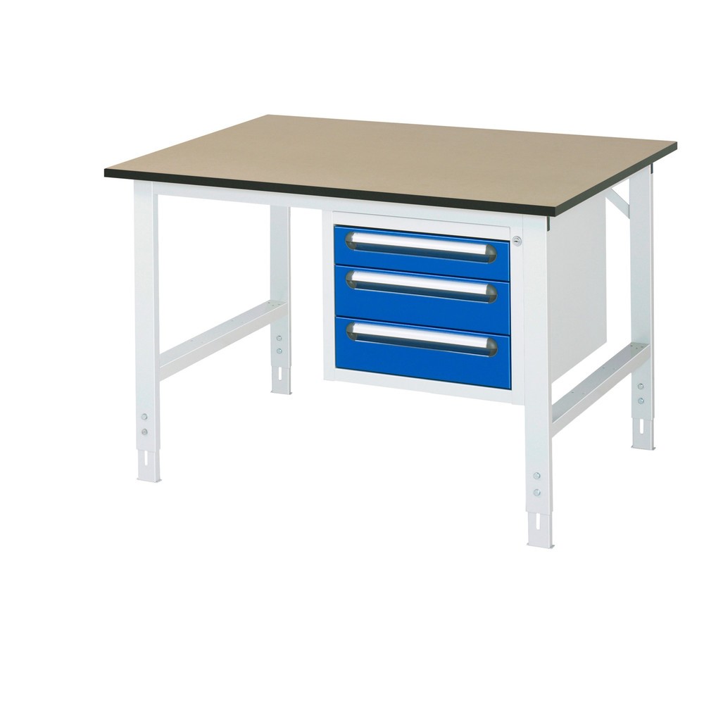 Product afbeelding: In hoogte verstelbare werktafel RAU serie TOM, hxbxd 760-1.080 x 1.250 x 1.000 mm, 3 lades, mdf werkblad