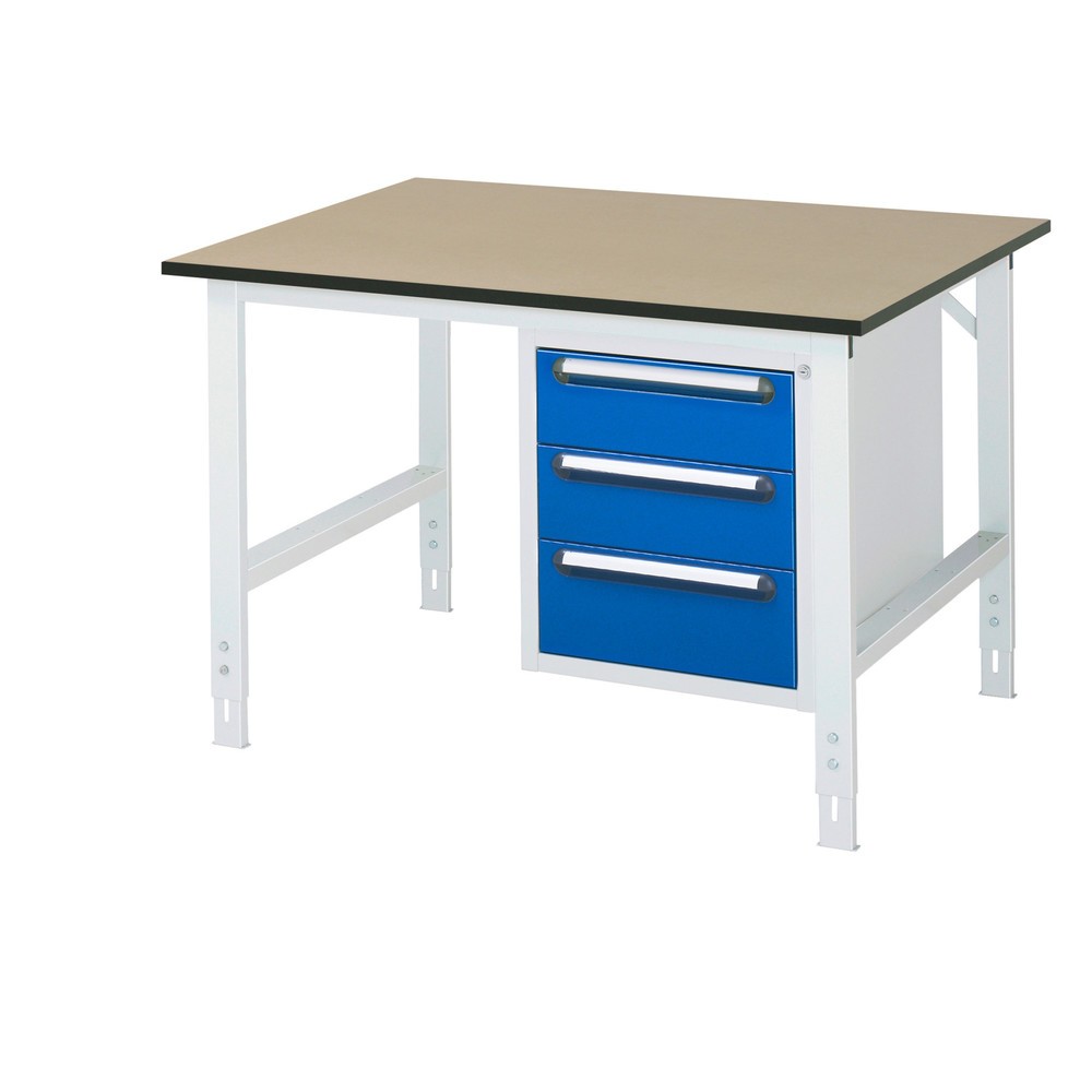 Product afbeelding: In hoogte verstelbare werktafel RAU serie TOM, hxbxd 760-1.080 x 1.250 x 1.000 mm, 3 lades, mdf werkblad