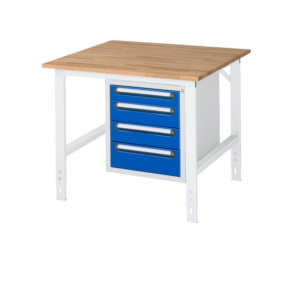 Product afbeelding: In hoogte verstelbare werktafel RAU serie TOM, hxbxd 760-1.080 x 1.000 x 1.000 mm, 4 lades, massief beuken werkblad