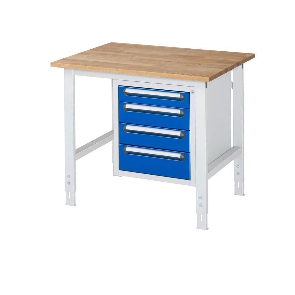 Product afbeelding: In hoogte verstelbare werktafel RAU serie TOM, hxbxd 760-1.080 x 1.000 x 800 mm, 4 lades, massief beuken werkblad