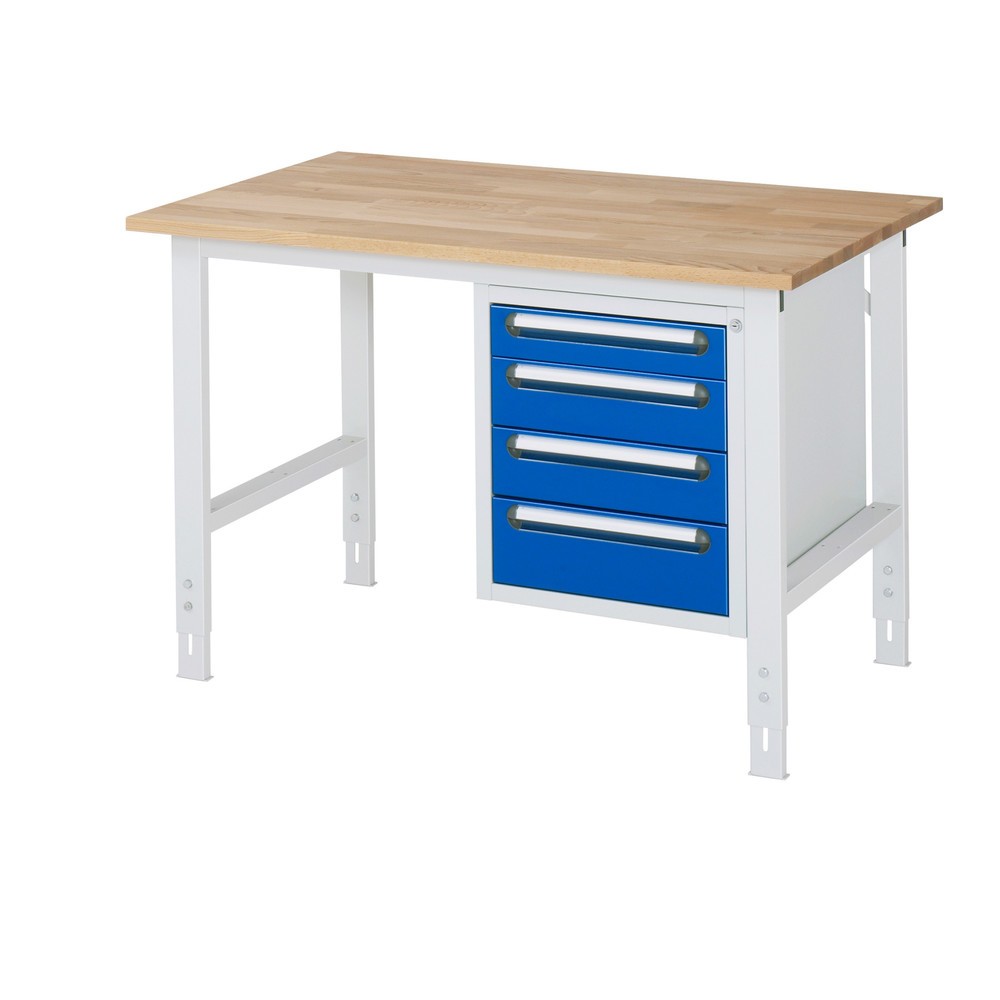 Product afbeelding: In hoogte verstelbare werktafel RAU serie TOM, hxbxd 760-1.080 x 1.250 x 800 mm, 4 lades, massief beuken werkblad