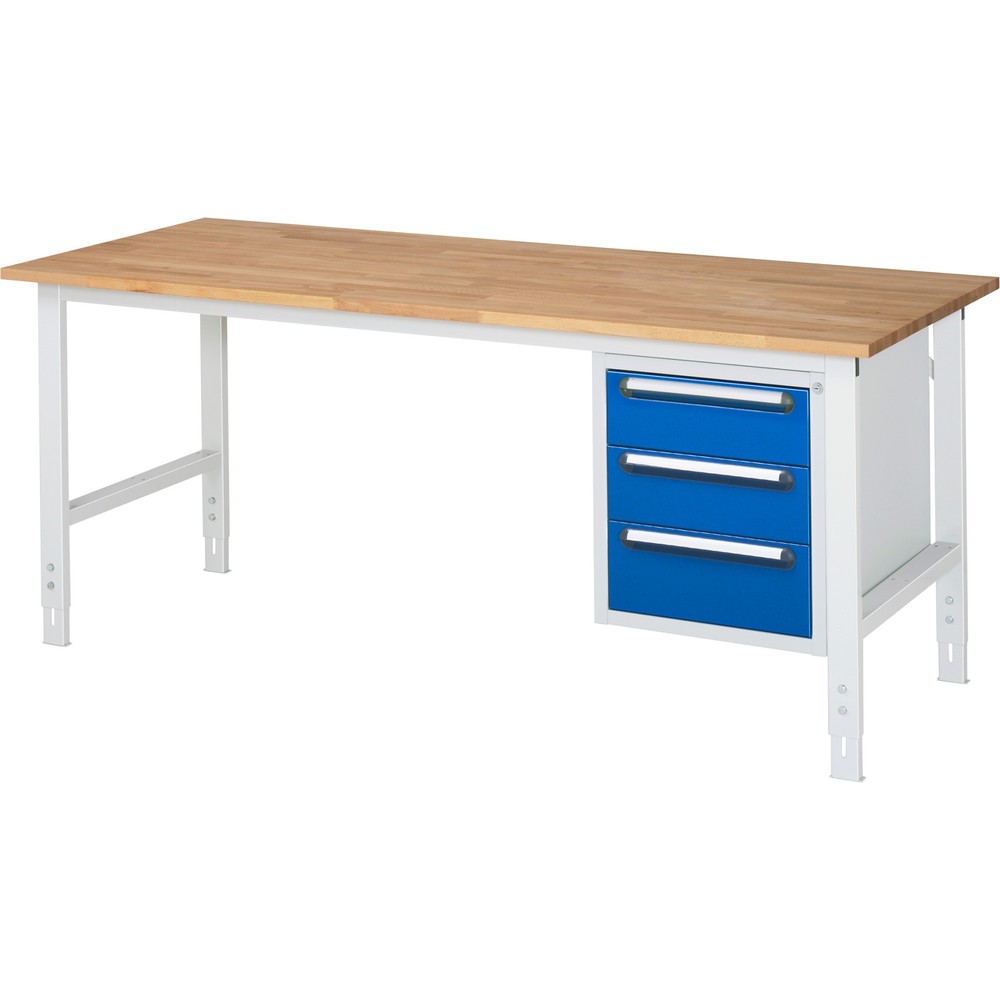 Product afbeelding: In hoogte verstelbare werktafel RAU serie TOM, hxbxd 760-1.080 x 2.500 x 800 mm, 4 lades, massief beuken werkblad