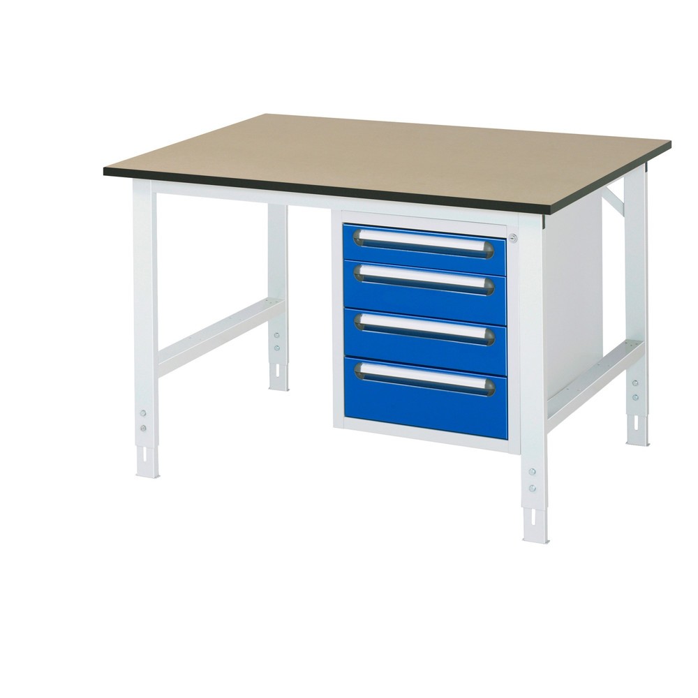 Product afbeelding: In hoogte verstelbare werktafel RAU serie TOM, hxbxd 760-1.080 x 1.250 x 1.000 mm, 4 lades, mdf werkblad
