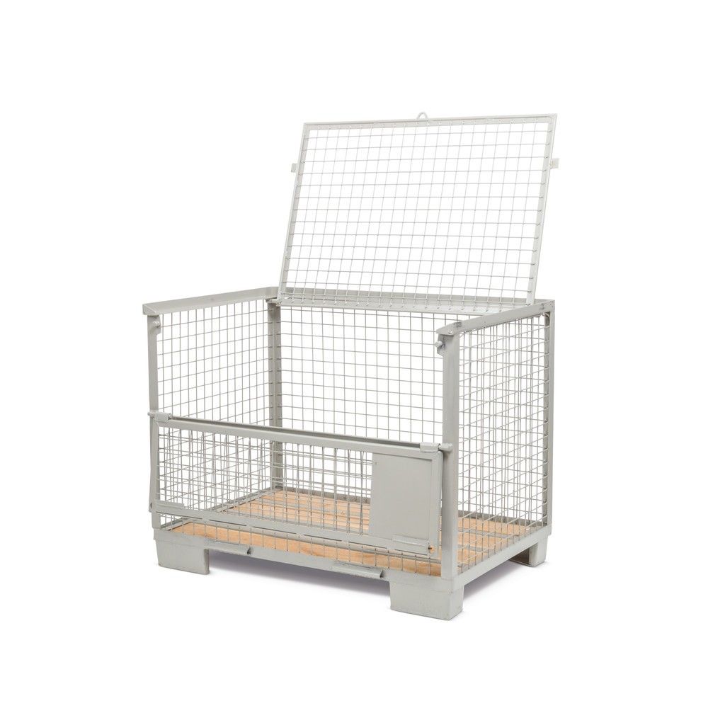 Product afbeelding: Industriële gitterbox, met half neerklapbare lengtewand, hoogte 970 mm, met deksel