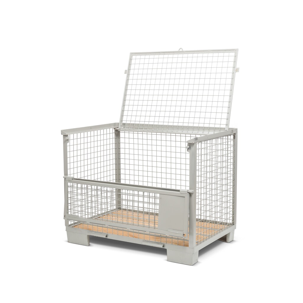 Product afbeelding: Industriële gitterbox, met half neerklapbare lengtewand, hoogte 970 mm, met deksel