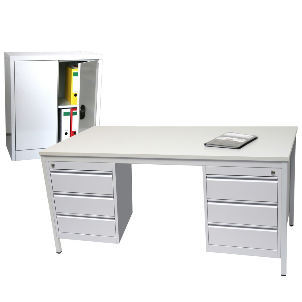 Product afbeelding: Inrichtingsset, bureau lxb 1.800 x 800 mm incl. 2 x onderbouwkast + bijzetkast hxb 900 x 800 mm, lichtgrijs