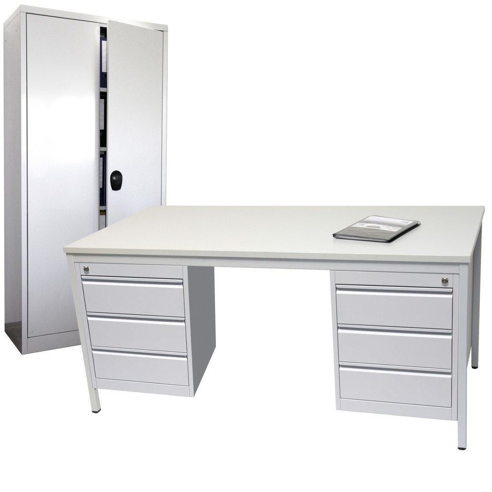Product afbeelding: Inrichtingsset, bureau lxb 1.800 x 800 mm incl. 1 x onderbouwkast + draaideurkast hxb 1.800 x 800 mm, lichtgrijs