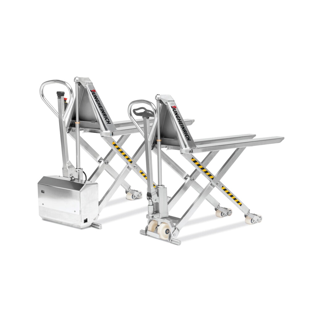 Product afbeelding: Roestvrijstalen schaarhefwagen Jungheinrich AM I15ep, Professional, draagvermogen 1.500 kg, vorklengte 1.200 mm, nylon