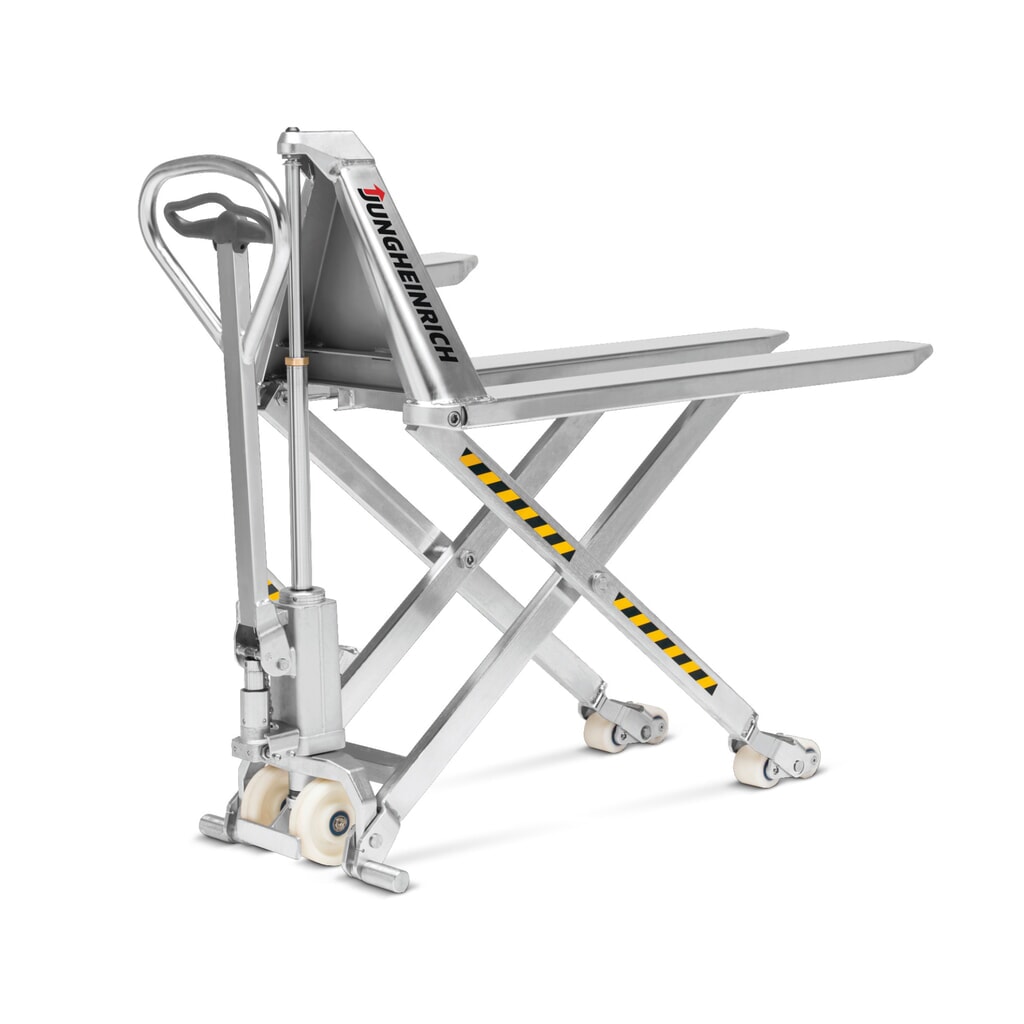 Roestvrijstalen schaarhefwagen Jungheinrich AMX I15p - professionele uitvoering, draagvermogen 1.500 kg, nylon Product afbeelding: Roestvrijstalen schaarhefwagen Jungheinrich AMX I15p - professionele uitvoering, draagvermogen 1.500 kg, nylon