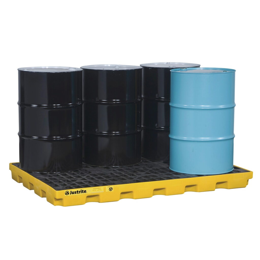 Justrite® vlak-lekbak van PE, 6x 200 l, opvangvolume 276 l, geel Product afbeelding: Justrite® vlak-lekbak van PE, 6x 200 l, opvangvolume 276 l, geel