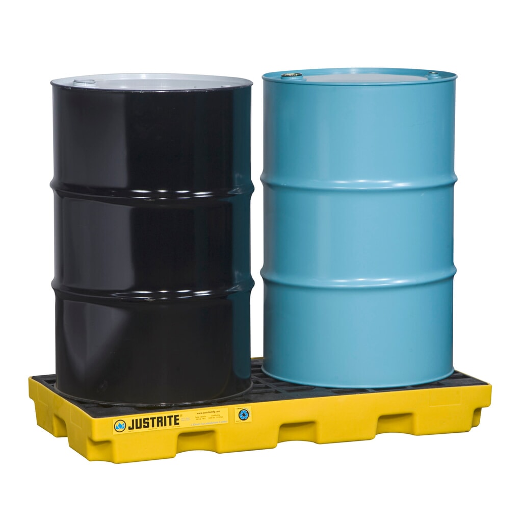 Justrite® vlak-lekbak van PE, 2x 200 l, opvangvolume 90 l, geel Product afbeelding: Justrite® vlak-lekbak van PE, 2x 200 l, opvangvolume 90 l, geel