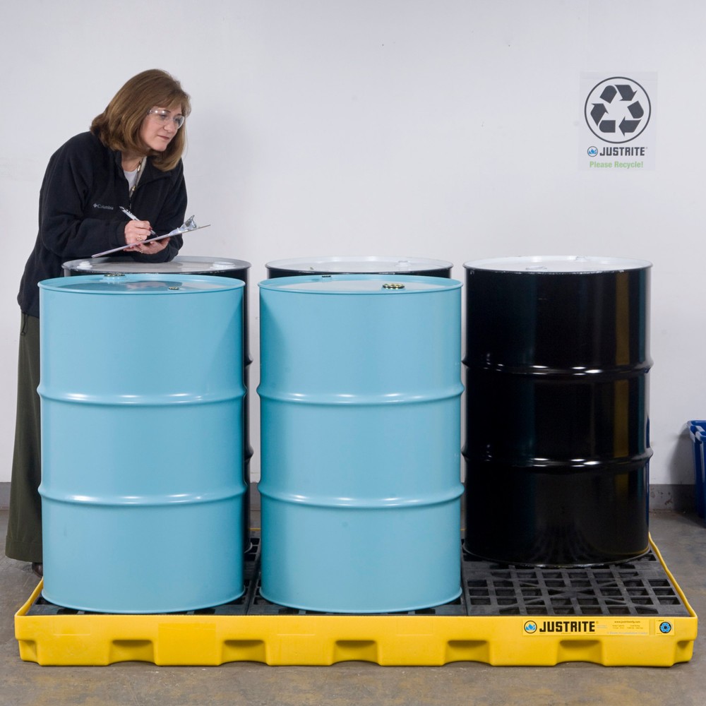 Product afbeelding: Lage PE-lekbak Justrite, 6 x 200 l, inhoud 276 l, geel