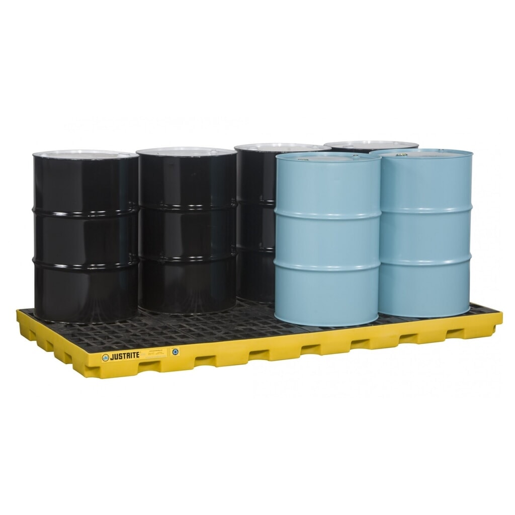 Justrite® vlak-lekbak van PE, 8x 200 l, opvangvolume 371 l, geel Product afbeelding: Justrite® vlak-lekbak van PE, 8x 200 l, opvangvolume 371 l, geel