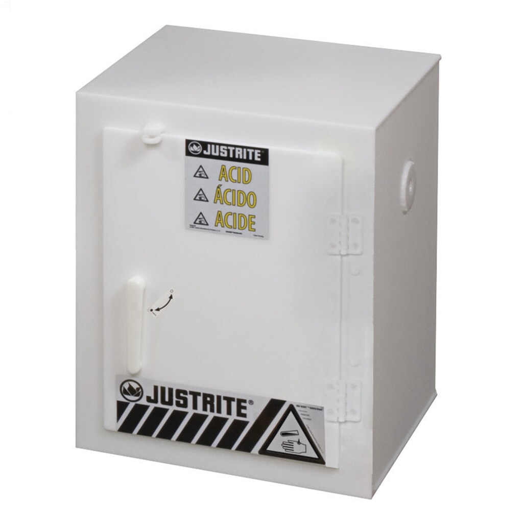 Justrite® PE chemicaliënkast, hxbxd 560 x 430 x 430 mm, zonder legbord, handmatig sluitend Product afbeelding: Justrite® PE chemicaliënkast, hxbxd 560 x 430 x 430 mm, zonder legbord, handmatig sluitend