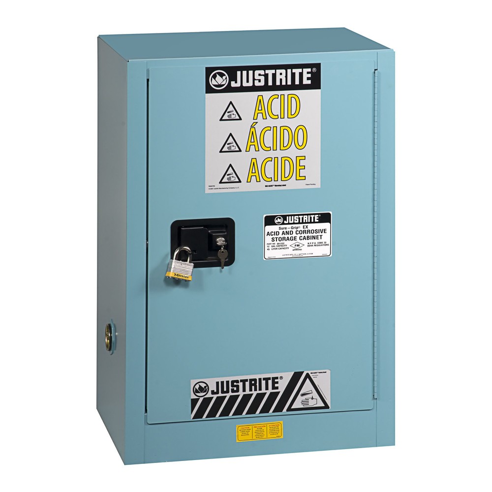 Product afbeelding: Justrite® veiligheidskast Compac Sure-Grip® FM, voor bijtende stoffen, h x b x d 890 x 590 x 460 mm, 1 legbord, zelfsluitend