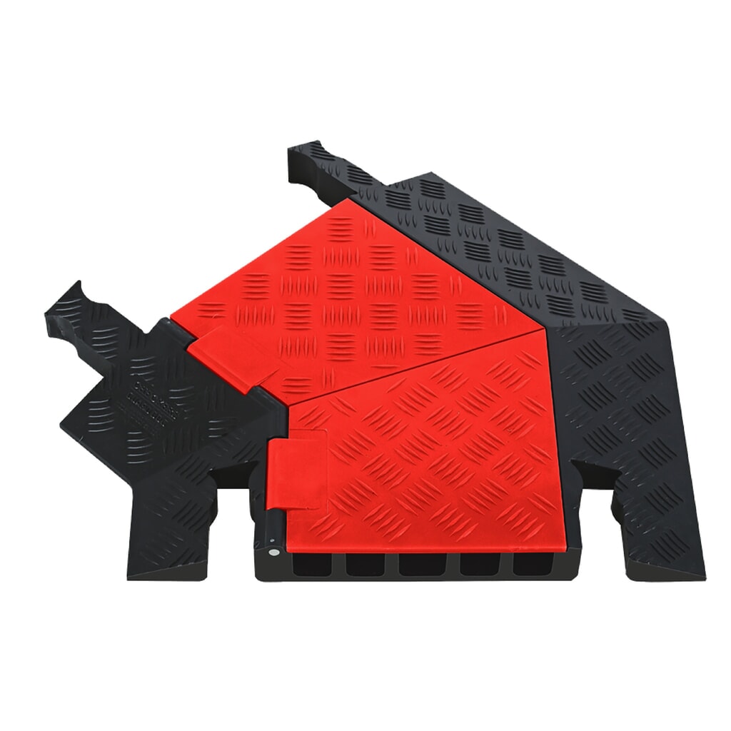 Kabelbrug Justrite® Guard Dog®, 45° bocht links, 5 kanalen, lxb 620 x 500 mm, zwart/oranje Product afbeelding: Kabelbrug Justrite® Guard Dog®, 45° bocht links, 5 kanalen, lxb 620 x 500 mm, zwart/oranje