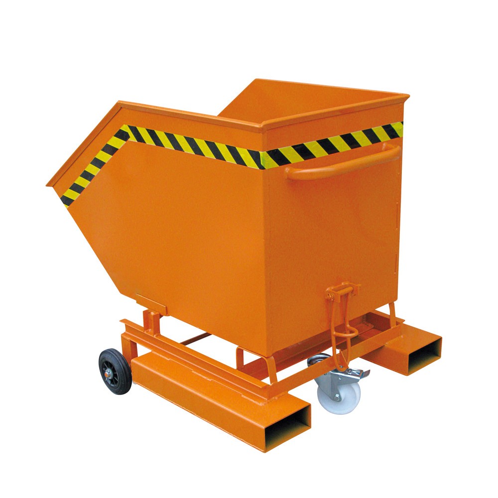 Product afbeelding: Bakwagen met vorkkokers + wielen, kantelbaar, volume 0,25 m³, zuiveroranje