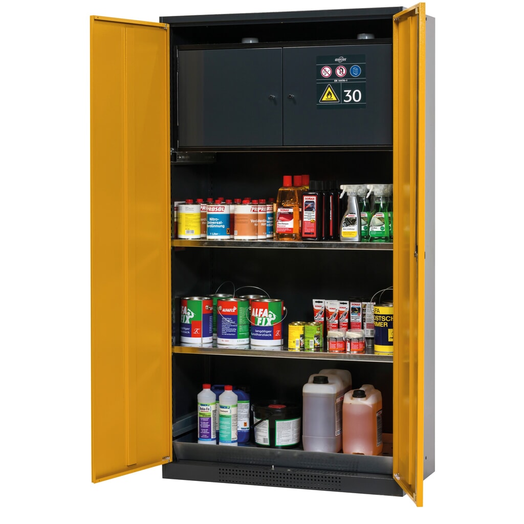 asecos® chemicaliënkast CS-CLASSIC-F, met veiligheidsbox type 30, bodemlekbak met geperforeerde plaat en 2 legborden, hxbxd 1.950 x 1.055 x 520 mm, goudgeel Product afbeelding: asecos® chemicaliënkast CS-CLASSIC-F, met veiligheidsbox type 30, bodemlekbak met geperforeerde plaat en 2 legborden, hxbxd 1.950 x 1.055 x 520 mm, goudgeel