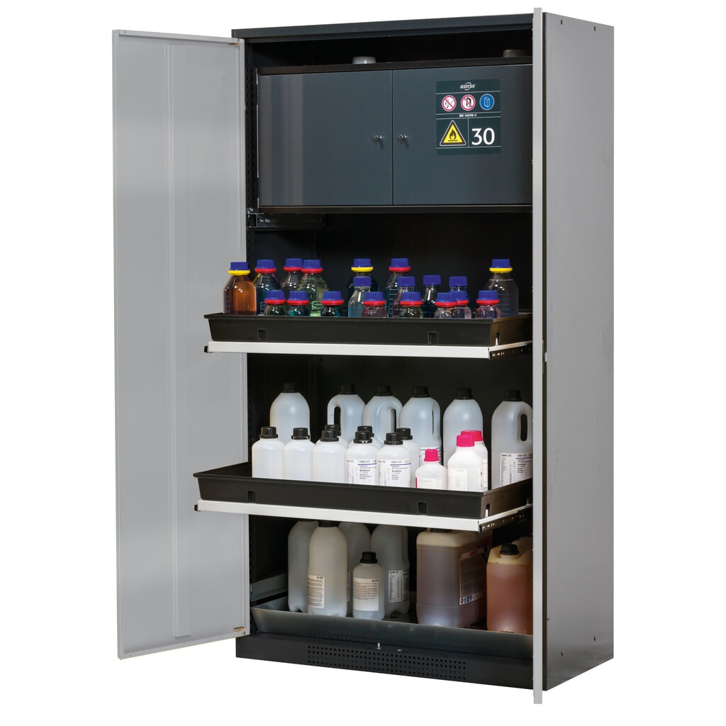 asecos® chemicaliënkast CS-CLASSIC-F, met veiligheidsbox type 30, PP bak en 3 uitschuifbare legplanken, hxbxd 1.950 x 1.055 x 520 mm, zilver Product afbeelding: asecos® chemicaliënkast CS-CLASSIC-F, met veiligheidsbox type 30, PP bak en 3 uitschuifbare legplanken, hxbxd 1.950 x 1.055 x 520 mm, zilver
