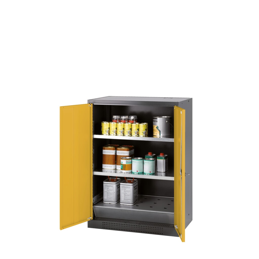 Product afbeelding: asecos® chemicaliënkast CS-CLASSIC, met bodemlekbak met geperforeerde plaat en 2 legborden, hxbxd 1.105 x 810 x 520 mm, goudgeel
