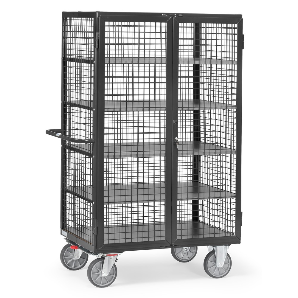 Product afbeelding: Kastwagen fetra®, draagvermogen 750 kg, gaaswanden, met dubbele draaideur, 5 etages van 1.000 x 680 mm, antracietgrijs