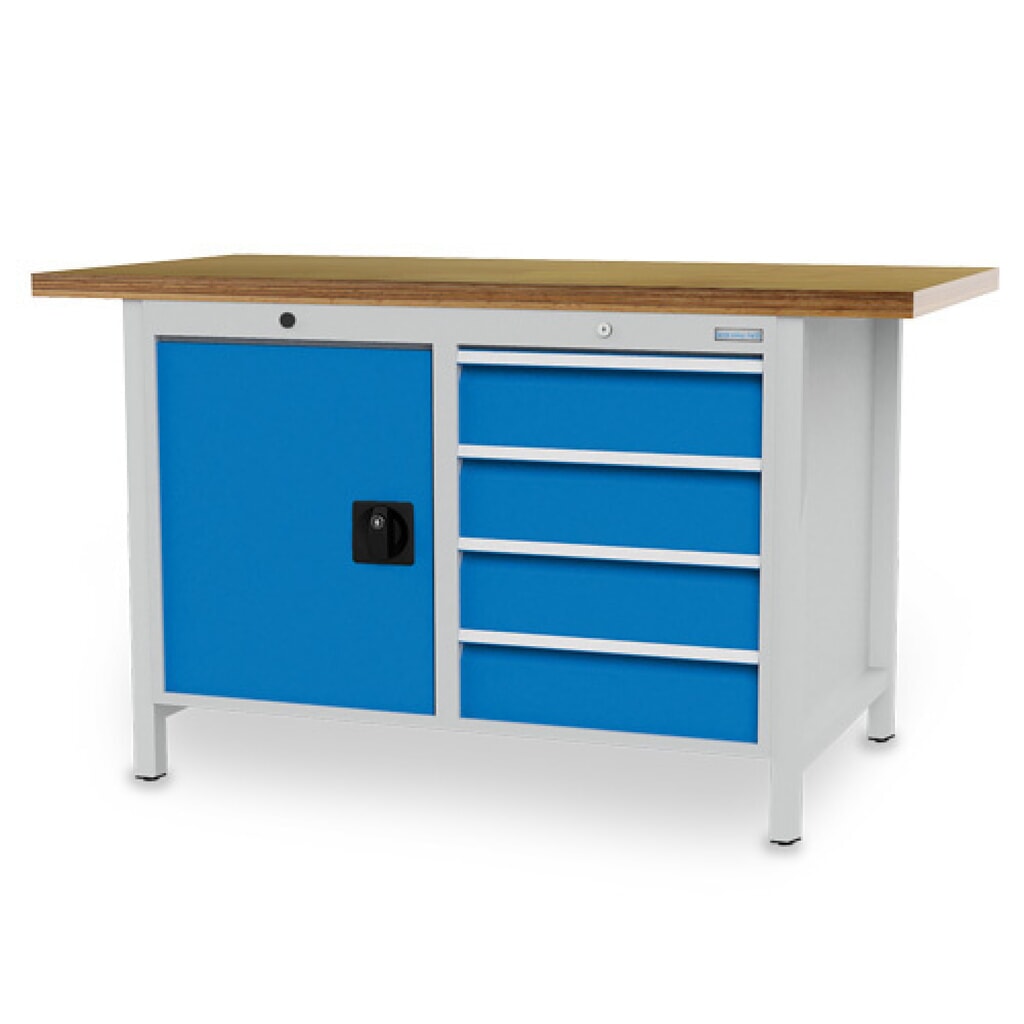 Product afbeelding: Kastwerkbank Bedrunka+Hirth R 18-24, hxbxd 859 x 1.500 x 750 mm, lichtgrijs, lichtblauw, 4 lades 4x150 mm, 1 draaideur 1x600 mm