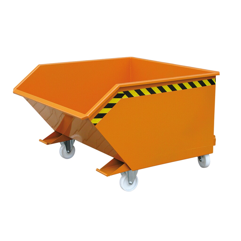 Kantelbak met automatisch uitrollen, lage hoogte, volume 1 m³, zuiver oranje Product afbeelding: Kantelbak met automatisch uitrollen, lage hoogte, volume 1 m³, zuiver oranje