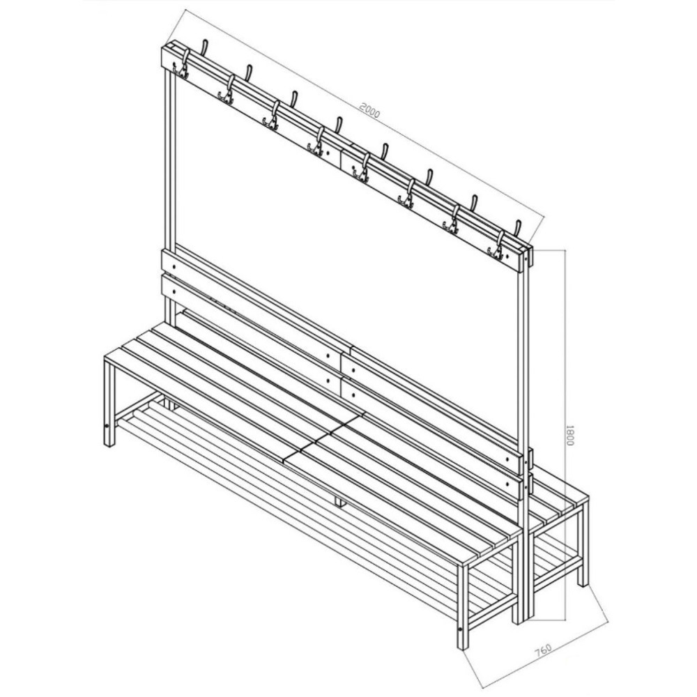 Productafbeelding nr. 3: Kleedkamerbank HEMMDAL HUB-1, 2-zijdig, met hakenlijst en schoenenrek, lengte 2000 mm