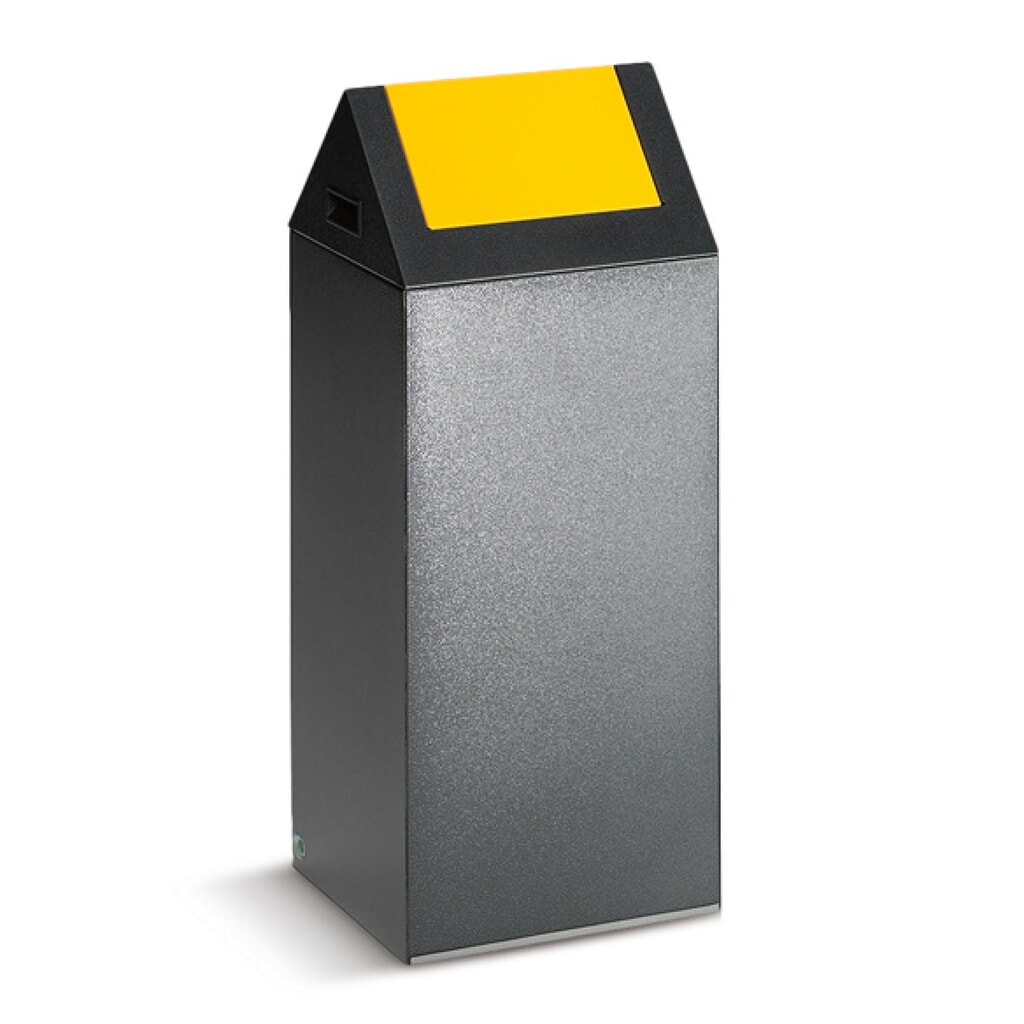 Kringloop afvalbak VAR®, 60 liter, vuurdovend, bak antiek-zilver, deksel hoekig/geel Product afbeelding: Kringloop afvalbak VAR®, 60 liter, vuurdovend, bak antiek-zilver, deksel hoekig/geel